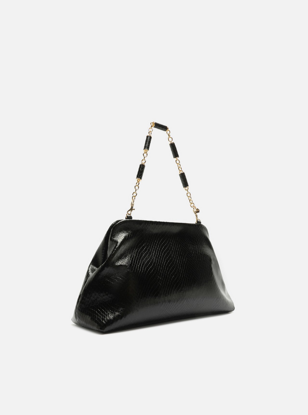 Foto 5 de Bolsa Clutch Preta Couro Média Snake Corrente