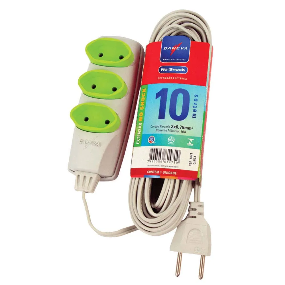 EXTENSAO NOSHOCK 90 PL 2X0,75 2P 10A CINZA 10M - 6 DANEVA