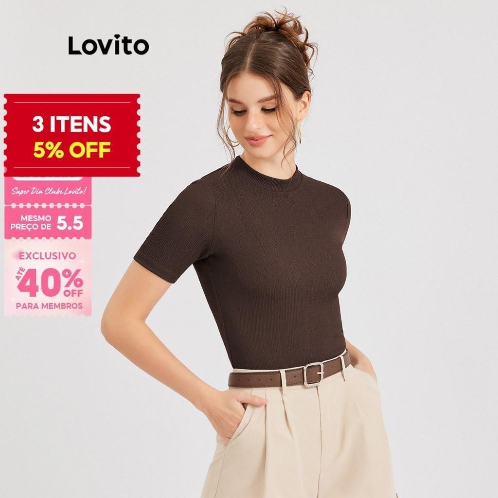 (Trendy) (Muitas cores)Lovito Camiseta Casual Lisa Com Colarinho Reto L30ED021 (Marrom)