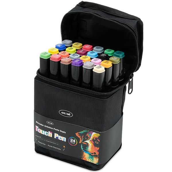Caneta Marcadora Artística Touch Pen 24 Cores Ponta Dupla (Chanfrada e Fina) com Estojo com Zíper, Oval - BT 24 UN