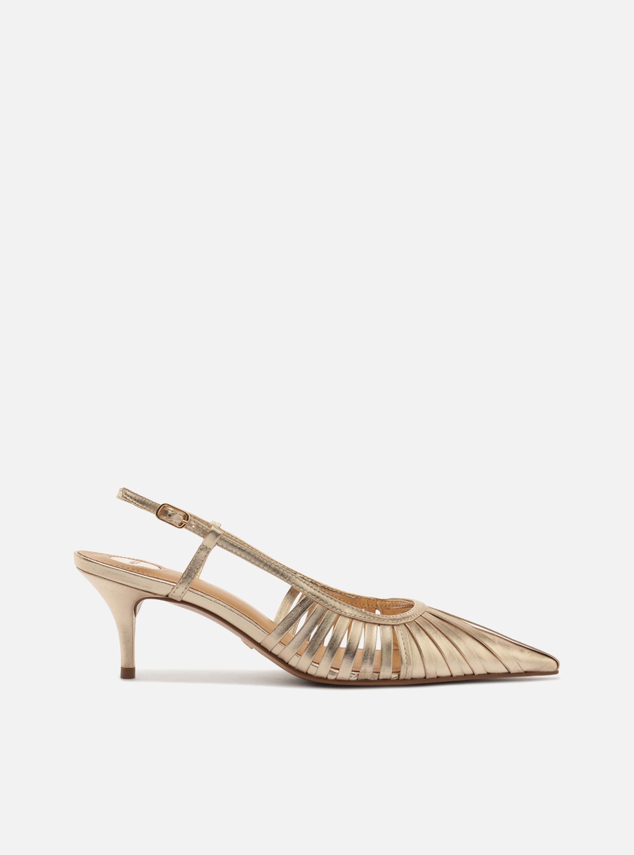 Scarpin Dourada Salto Fino Fivela Slingback