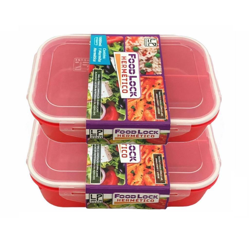 Foto 2 de Kit 2 Marmitas 1L Plastica Hermetica Com Trava E Divisoria