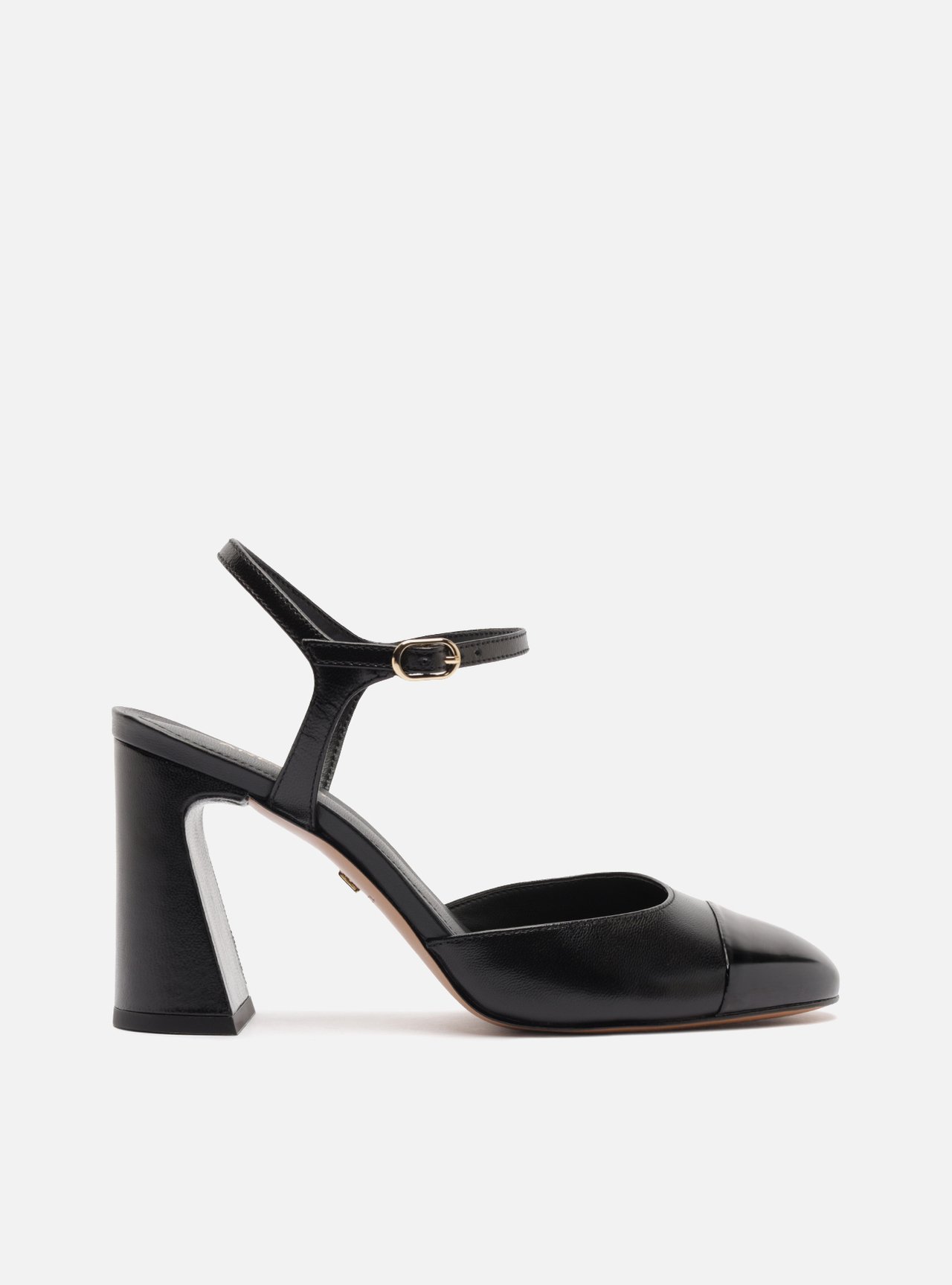Scarpin Preto Couro Salto Bloco Fivela Slingback