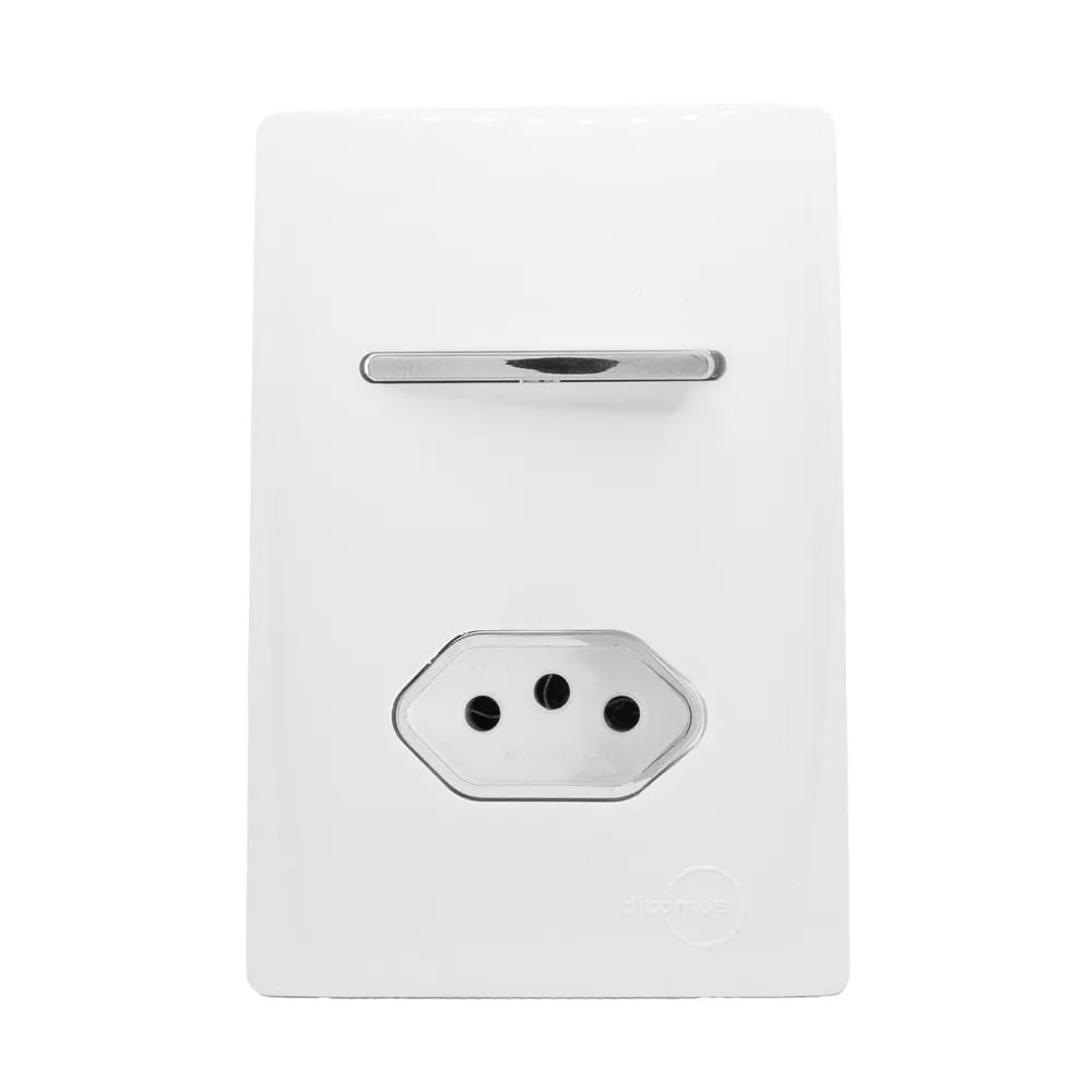 Conjunto 4X2 Interruptor Simples 1 Tomada 10A Branco Cromado Novara Dicompel