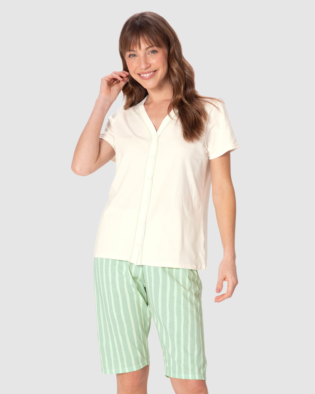 Pijama Curto Feminino Camisa Abotoamento Frontal E Bermuda Em Algodão — Off White - XGG